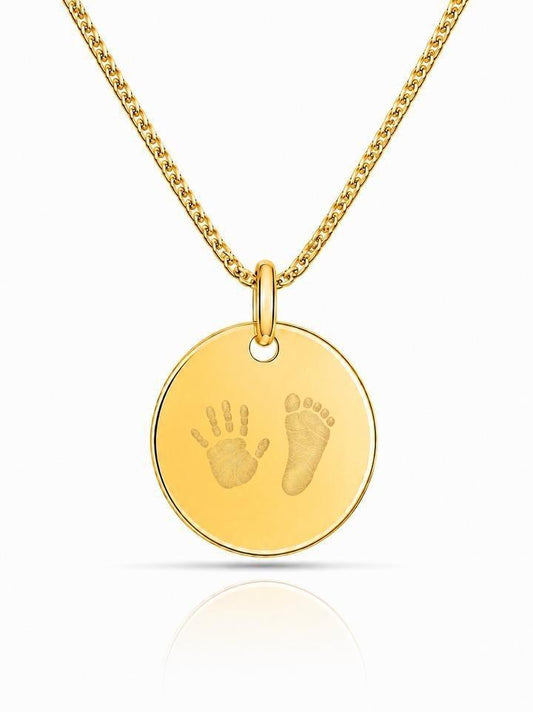 Personalisierte Herren Halskette Anhänger Gravur Handabdruck Fußabdruck Rund 22 mm 925 Silber 18K Vergoldet