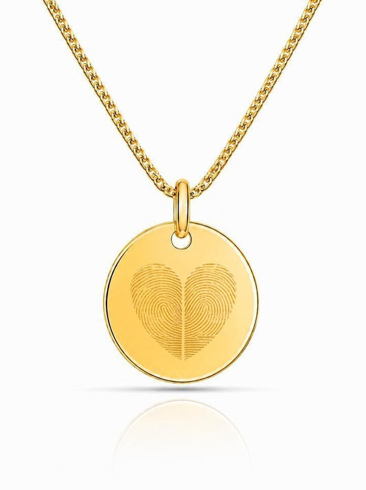 Personalized Men's Necklace Engraved Fingerprint Round 22mm 925 Silver 18K Gold Plated