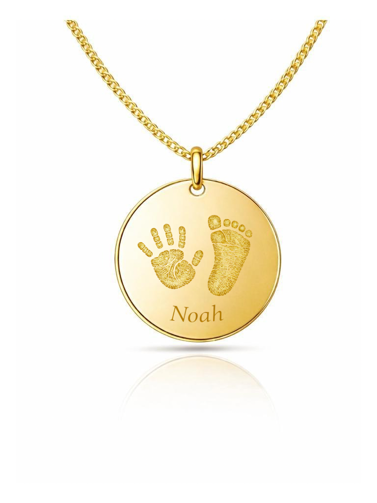 Personalized Necklace Pendant Engraving Round 19mm Handprint Footprint 925 Silver 18K Gold Plated
