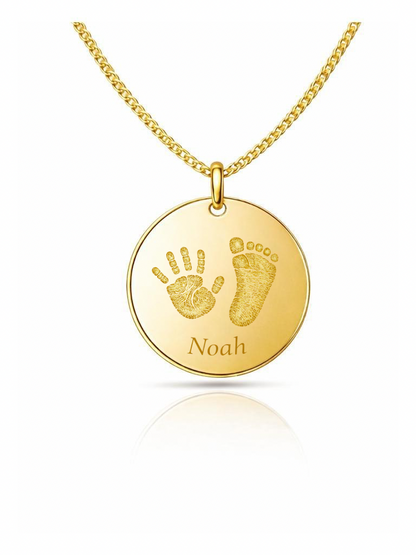 Personalized Necklace Pendant Engraving Round 19mm Handprint Footprint 925 Silver 18K Gold Plated