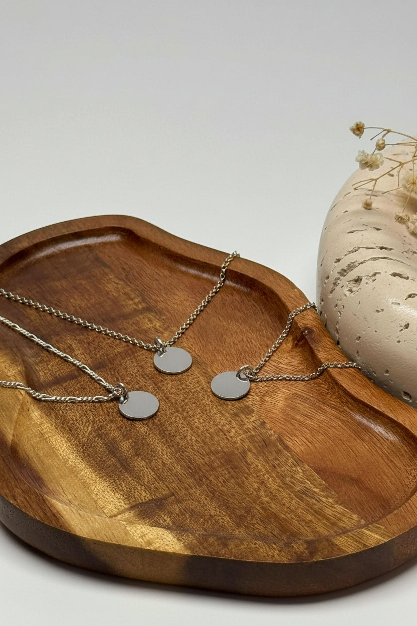 Personalized Necklace Round Pendant Handprint or Footprint Engraving 925 Sterling Silver Rhodium Plated 12 mm