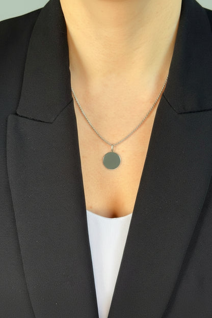 Personalized Engraved Necklace Birth Data Pendant Round 925 Silver Rhodium Plated 14 mm