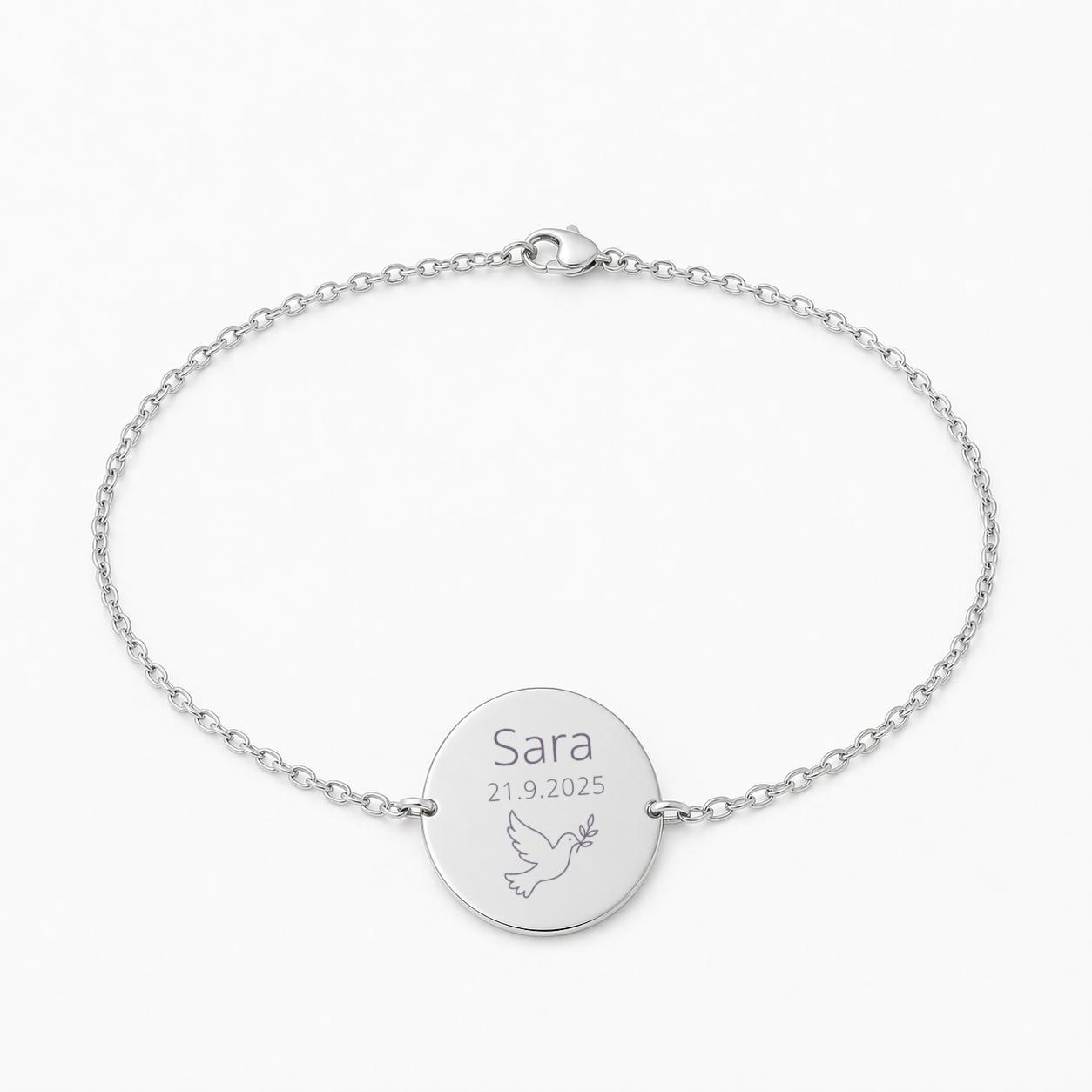 Personalized Christening Bracelet, Round Pendant 17 mm, Made of 925 Rhodium-Plated Silver