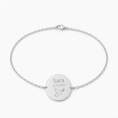 Personalized Christening Bracelet, Round Pendant 17 mm, Made of 925 Rhodium-Plated Silver