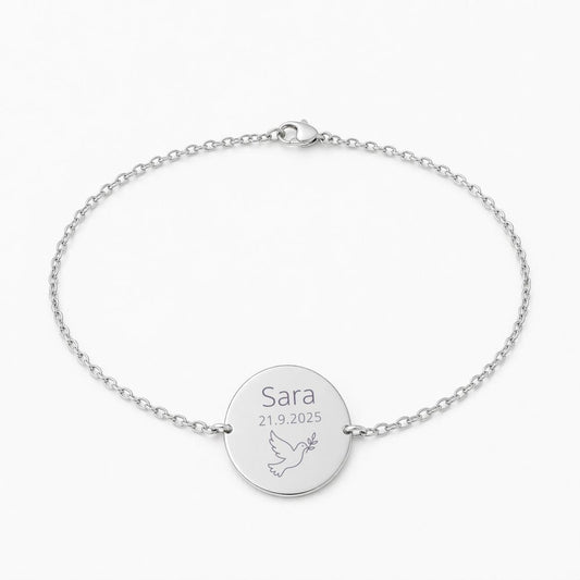 Personalized Christening Bracelet, Round Pendant 17 mm, Made of 925 Rhodium-Plated Silver