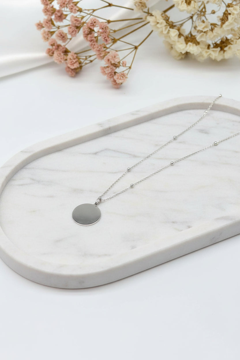 Personalized Engraved Necklace Birth Data Pendant Round 925 Silver Rhodium Plated 14 mm