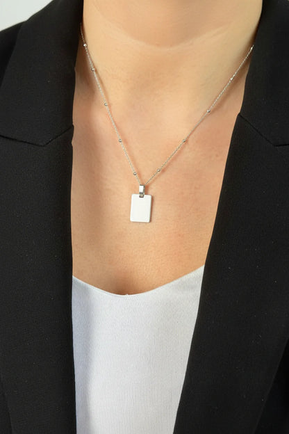 Personalized Necklace Rectangle Pendant Own Handwriting Engraving 925 Silver Rhodium Plated 16x12 mm