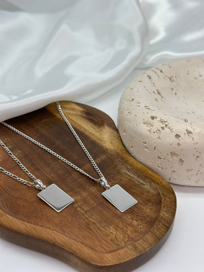 Paw Print Engraved Necklace Men's Rectangle Pendant 19x14 mm Rhodium Plated