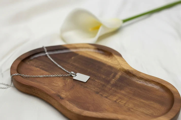 Personalized Engraved Birth Date Necklace 925 Sterling Silver Rhodium Plated – Rectangle Pendant (16x12 mm)